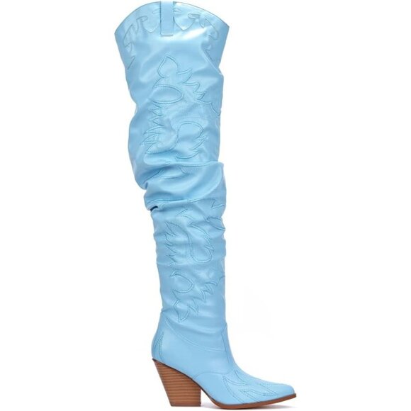 Women Blue Fabric Thigh High Over The Knee Pointed Toe Chunky Heels Tall Boot - Picture 1 of 4